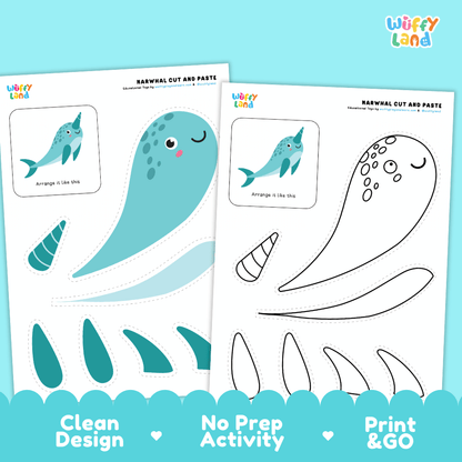 Narwhal Cut and Paste Craft and Coloring Activity Worksheets