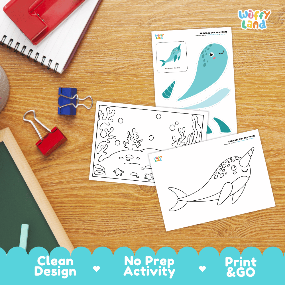 Narwhal Cut and Paste Craft and Coloring Activity Worksheets