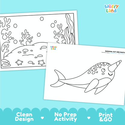 Narwhal Cut and Paste Craft and Coloring Activity Worksheets