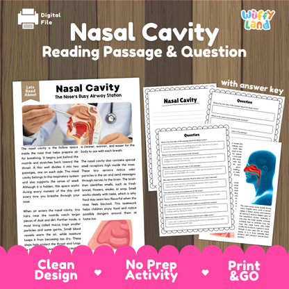 Nasal cavity reading comprehension passage and questions printable activity pack with answer key for elementary students