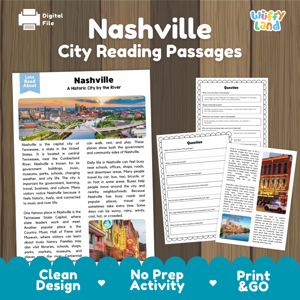 Nashville city reading passages and comprehension worksheet educational unit featuring nonfiction text and authentic Nashville Tennessee skyline and Cumberland River photography