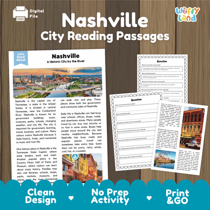 Nashville city reading passages and comprehension worksheet educational unit featuring nonfiction text and authentic Nashville Tennessee skyline and Cumberland River photography