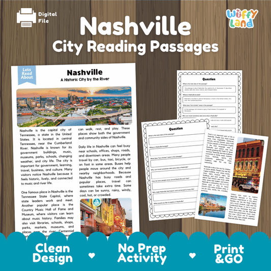 Nashville city reading passages and comprehension worksheet educational unit featuring nonfiction text and authentic Nashville Tennessee skyline and Cumberland River photography