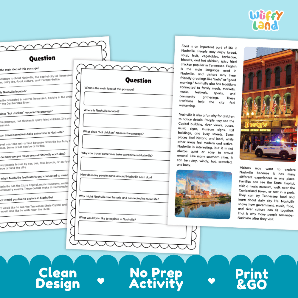 Lined reading comprehension question worksheet covering main ideas vocabulary terms and landmark facts about Nashville Tennessee