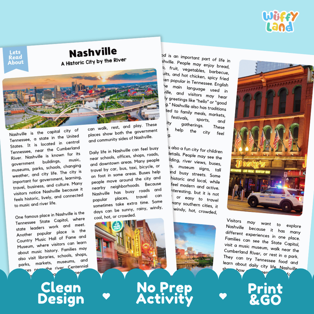 Reference sheet and answer key for Nashville landmark reading passage displaying completed comprehension answers and United States geography facts