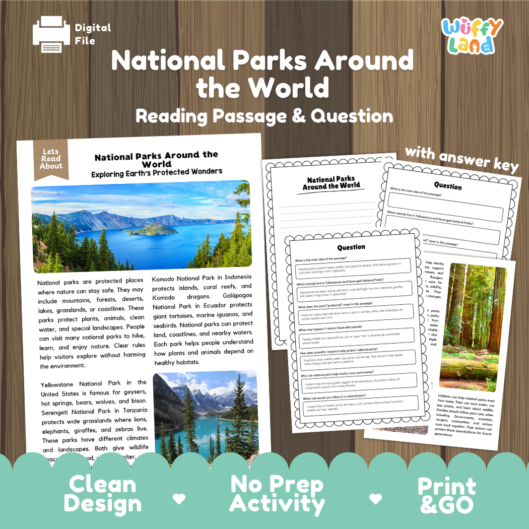 National Parks Around the World reading comprehension passage and questions printable activity pack with answer key for elementary students