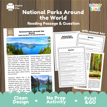 National Parks Around the World reading comprehension passage and questions printable activity pack with answer key for elementary students