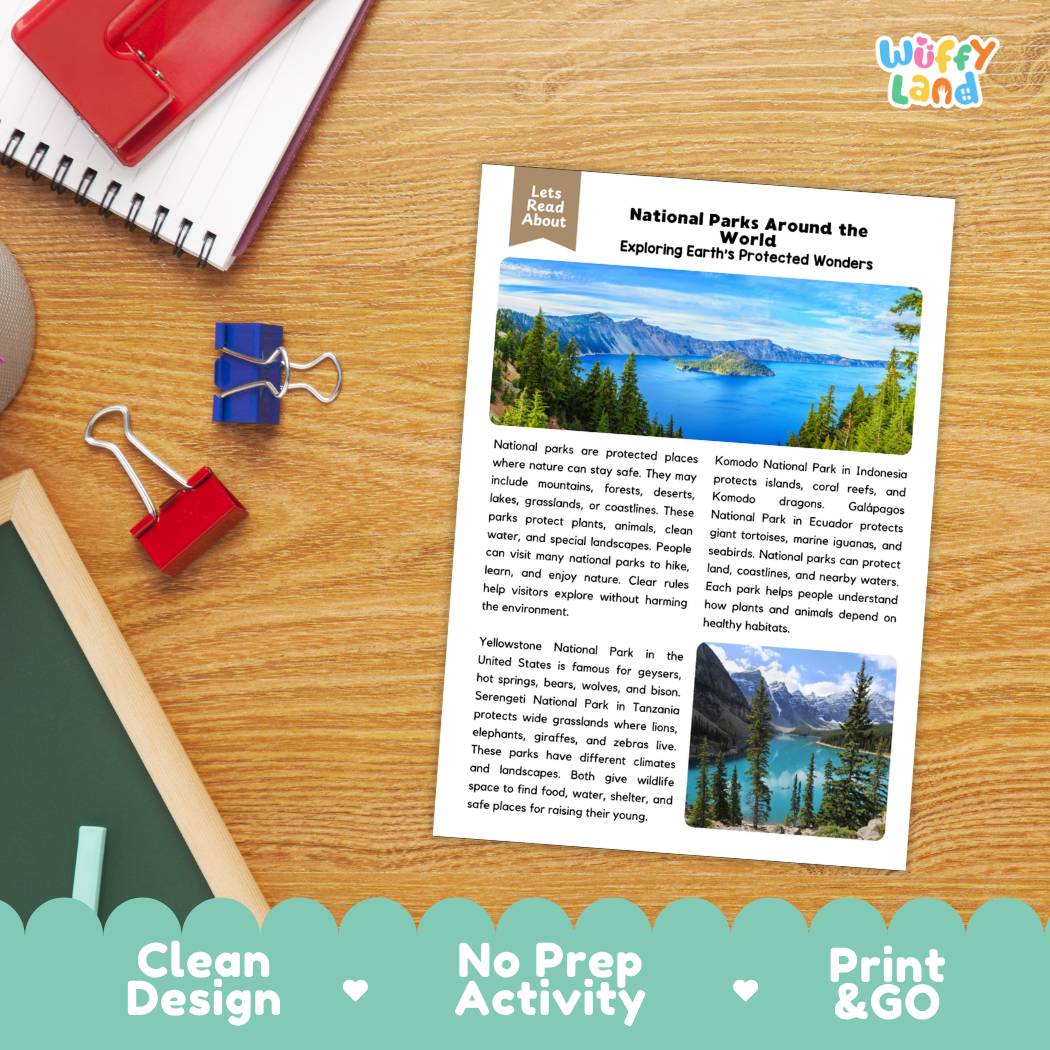 Student reading comprehension worksheet with short-answer questions and lined sections about national parks around the world