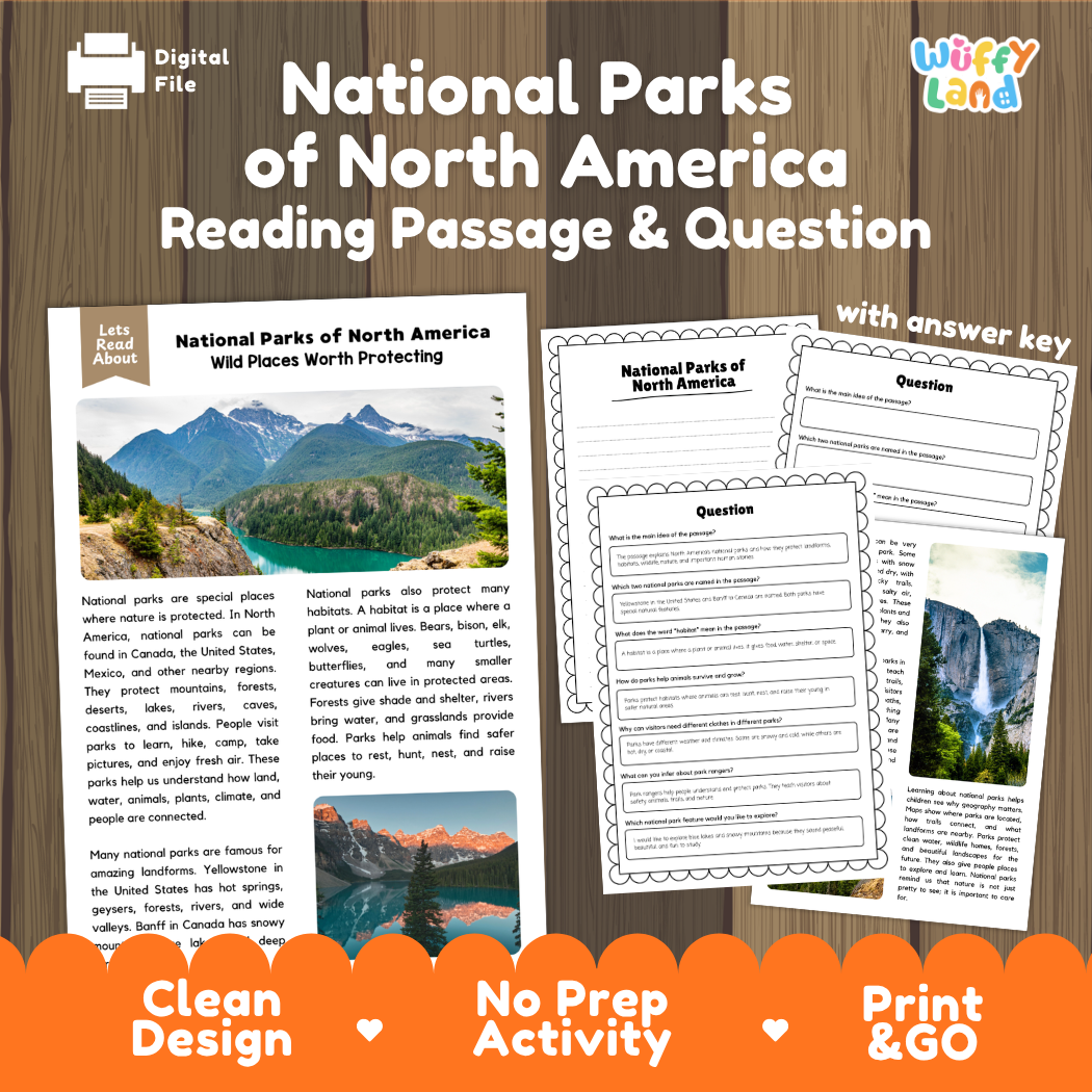 National Parks of North America reading comprehension passage and questions printable activity pack with answer key for elementary students