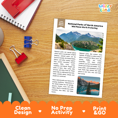 Student reading comprehension worksheet with short-answer questions and lined sections about North American national parks