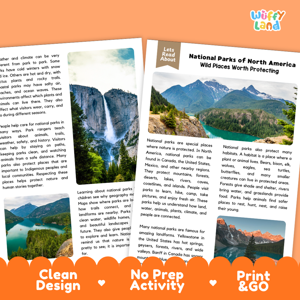Teacher answer key page showing complete question solutions for North American national parks geography reading comprehension practice