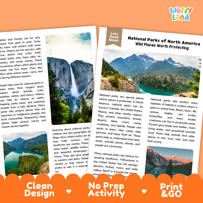 Teacher answer key page showing complete question solutions for North American national parks geography reading comprehension practice