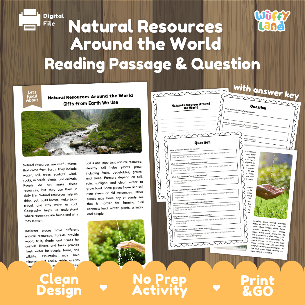 Natural resources around the world reading comprehension passage and questions printable activity pack with answer key for elementary students