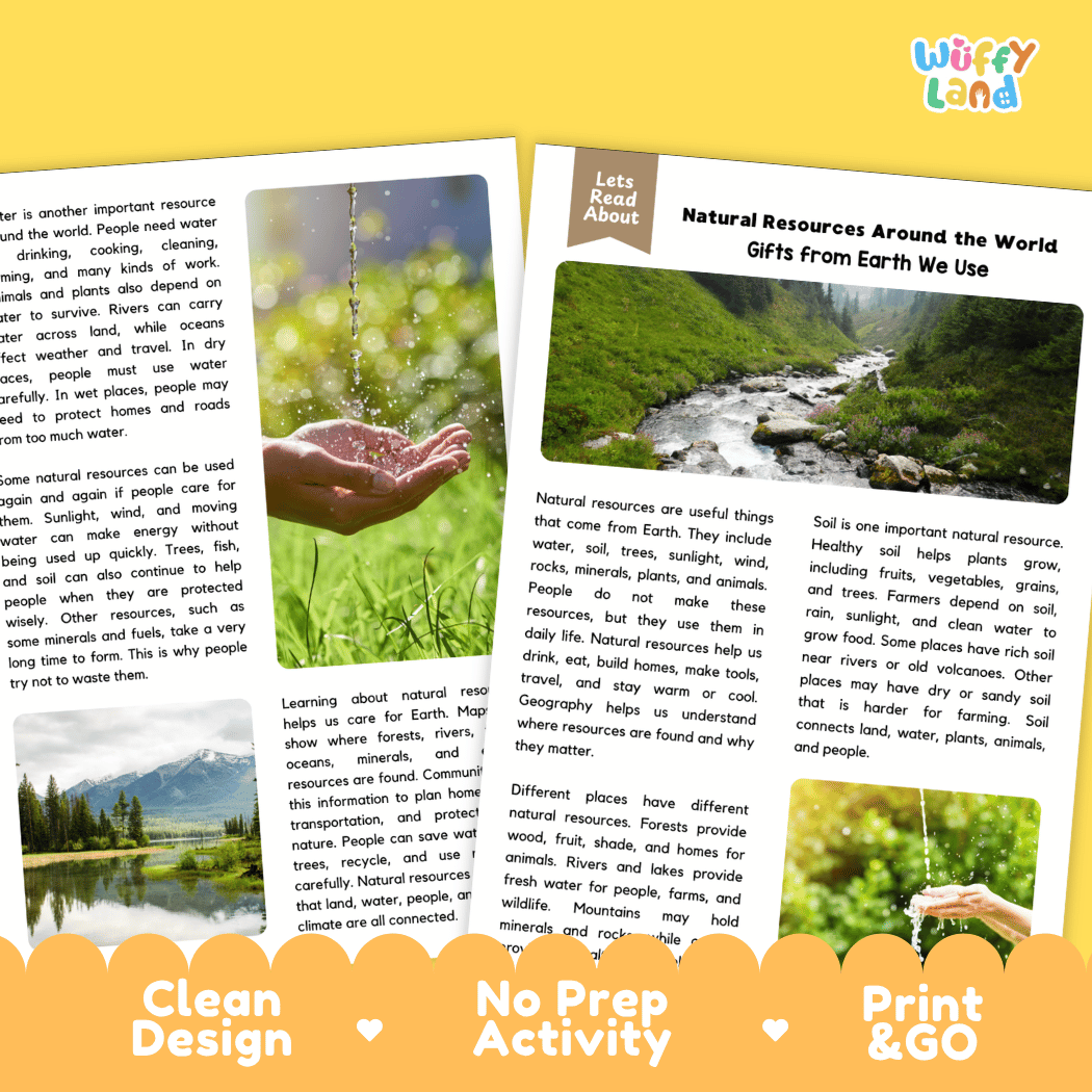 Teacher answer key page showing complete question solutions for natural resources around the world reading comprehension practice
