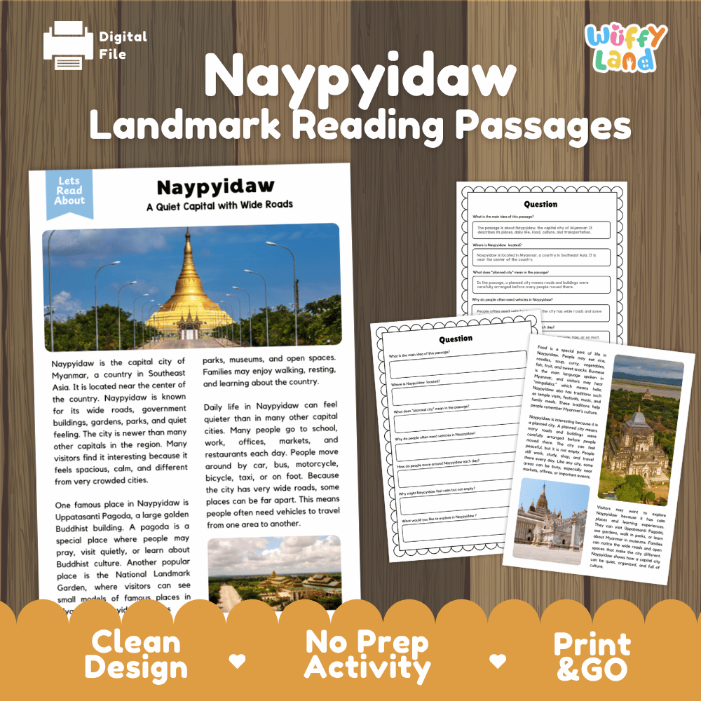 Naypyidaw landmark reading passage and comprehension worksheet educational unit featuring nonfiction text and authentic Burmese golden pagoda photography