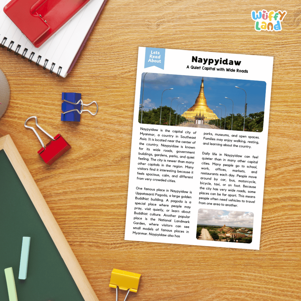 Lined reading comprehension question worksheet covering main ideas vocabulary terms and landmark facts about Naypyidaw Myanmar