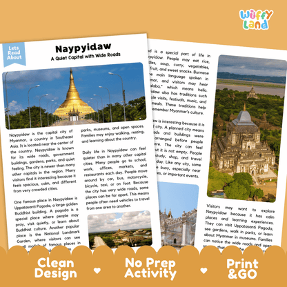Reference sheet and answer key for Naypyidaw landmark reading passage displaying completed comprehension answers and Southeast Asian geography facts