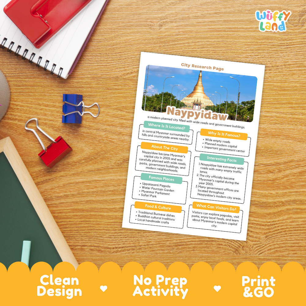 A printed city research page about Nanyipdaw is laid on a wooden desk with school supplies around it. The page includes a photo of a golden pagoda and sections with headings like 'Ukurne It Is Important,' 'Why Is It Famous,' 'About The City,' 'Interesting Facts,' 'Famous Places,' 'Food & Culture,' and 'What Can You Visit Due To.