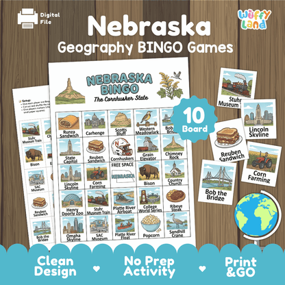 Nebraska Geography BINGO Game Cornhusker State Activity Printable Boards