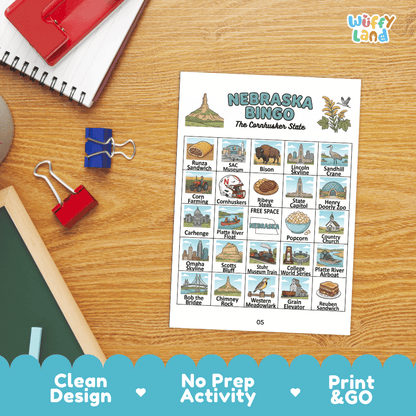 Nebraska Geography BINGO Game Cornhusker State Activity Printable Boards