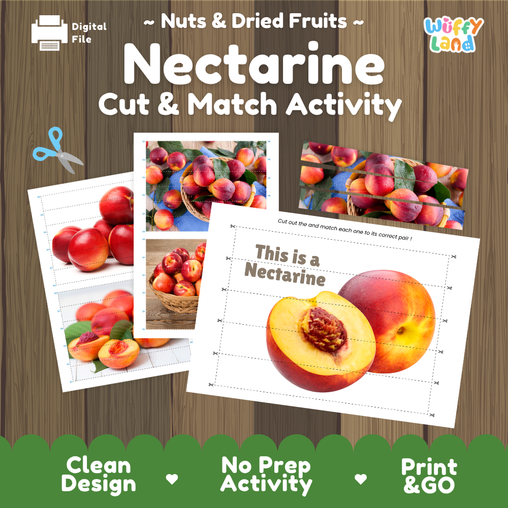 Nectarine cut and match activity cover showing printable fine motor puzzle sheets and fruit photographs