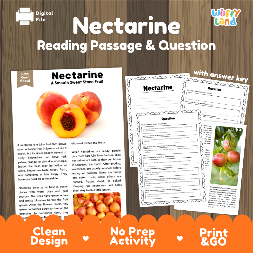 Nectarine reading comprehension passage and questions printable activity pack with answer key for elementary students