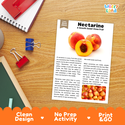 Student reading comprehension worksheet with short-answer questions and lined sections about the nectarine fruit
