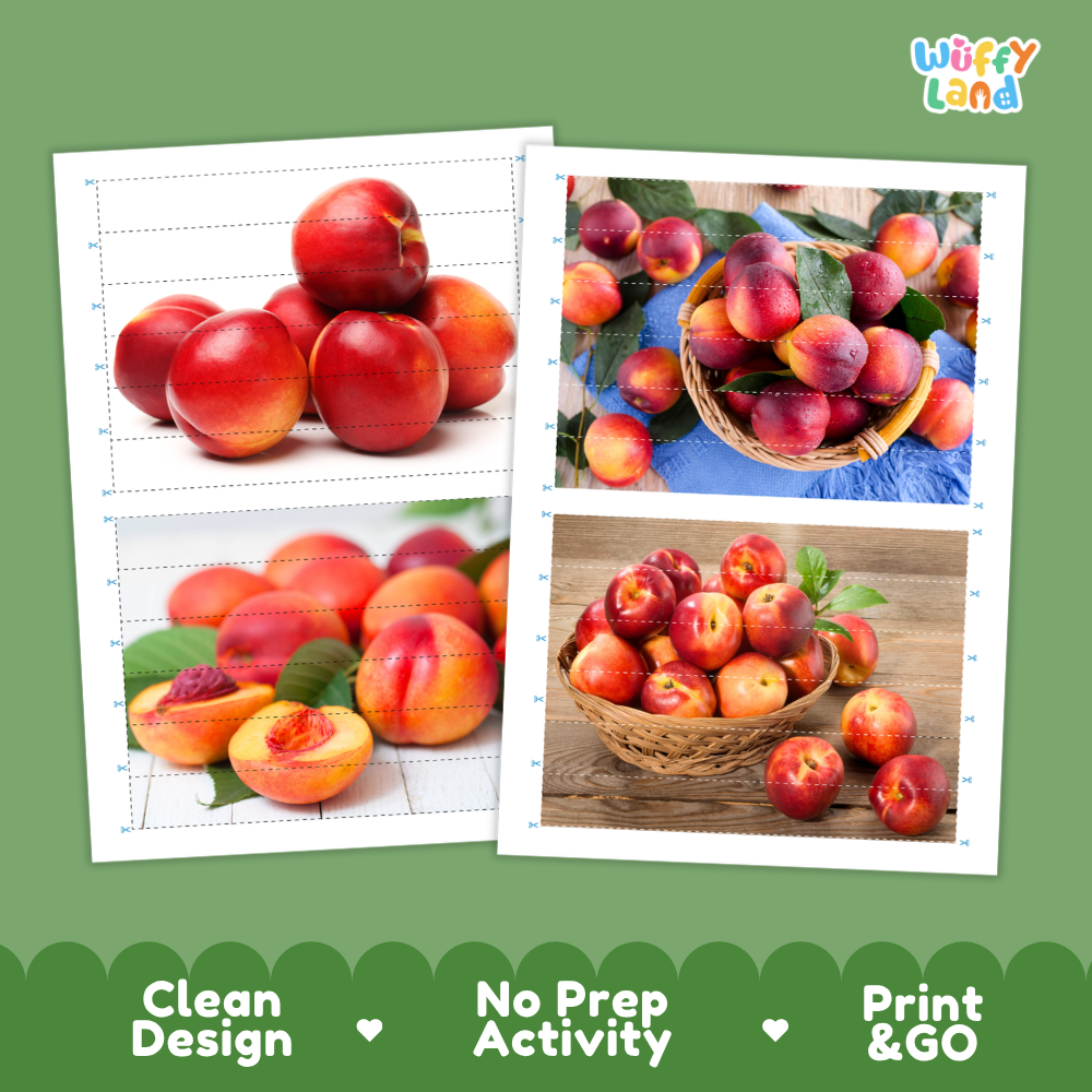 Printable activity sheets featuring photographic nectarine puzzle boards and cutting guides