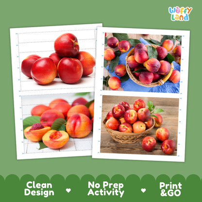 Printable activity sheets featuring photographic nectarine puzzle boards and cutting guides