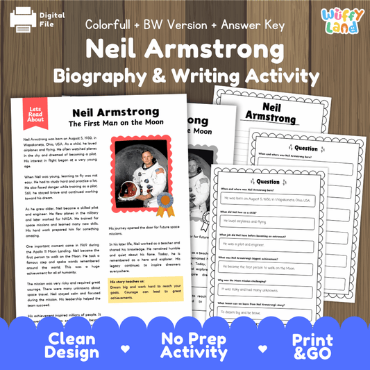 Neil Armstrong biography reading comprehension worksheets with nonfiction passage, comprehension questions, writing activity and answer key for students
