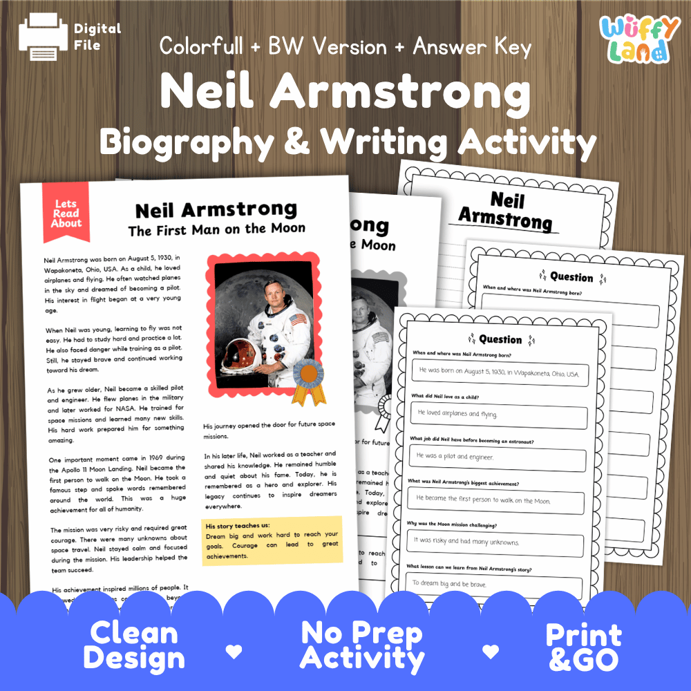 Neil Armstrong Biography Reading Passage and Writing Activity Worksheets