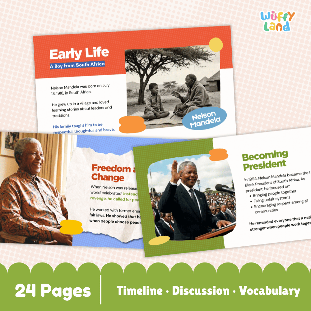Educational poster set about Nelson Mandela, shown as three colorful printed cards with text sections titled Early Life, Freedom Change, and Becoming President. The cards are arranged on a white background with a green banner at the bottom reading 24 Pages, Timeline, Discussion, Vocabulary, and the brand name Wuffy Land appears in the top right.