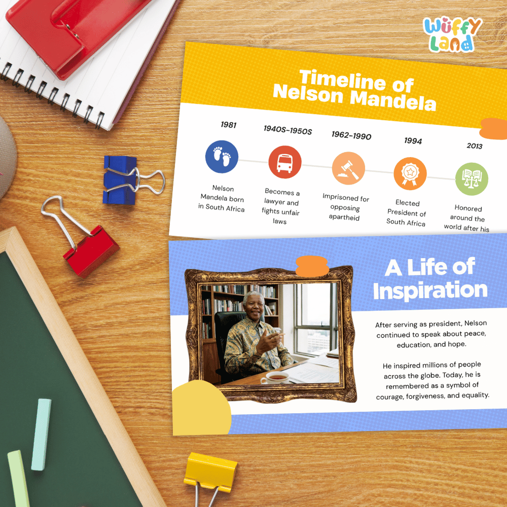 A printed educational poster titled 'Timeline of Nelson Mandela' and 'A Life of Inspiration' styled on a wooden desk with binder clips, a notebook, and other school supplies. The poster features a yellow top section with timeline markers and a blue bottom section with text and a framed photo of Nelson Mandela.