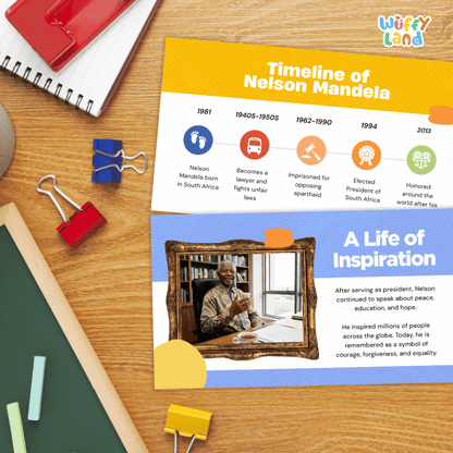 A printed educational poster titled 'Timeline of Nelson Mandela' and 'A Life of Inspiration' styled on a wooden desk with binder clips, a notebook, and other school supplies. The poster features a yellow top section with timeline markers and a blue bottom section with text and a framed photo of Nelson Mandela.
