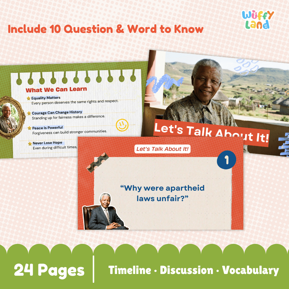 Promotional graphic for a children's educational resource titled 'What Can We Learn' by Wuffy Land, showing sample pages about Nelson Mandela, discussion prompts, and text indicating 24 pages covering timeline, discussion, and vocabulary.