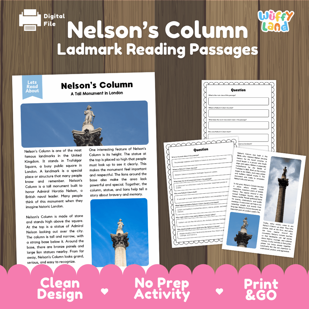 Nelson's Column Landmark Reading Passages and Comprehension Worksheets