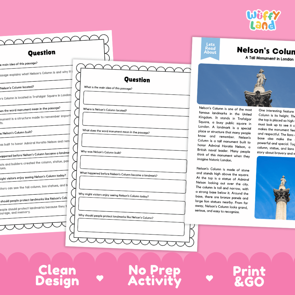 Nelson's Column Landmark Reading Passages and Comprehension Worksheets