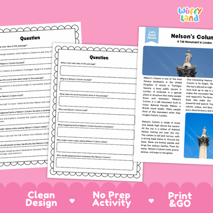 Nelson's Column Landmark Reading Passages and Comprehension Worksheets