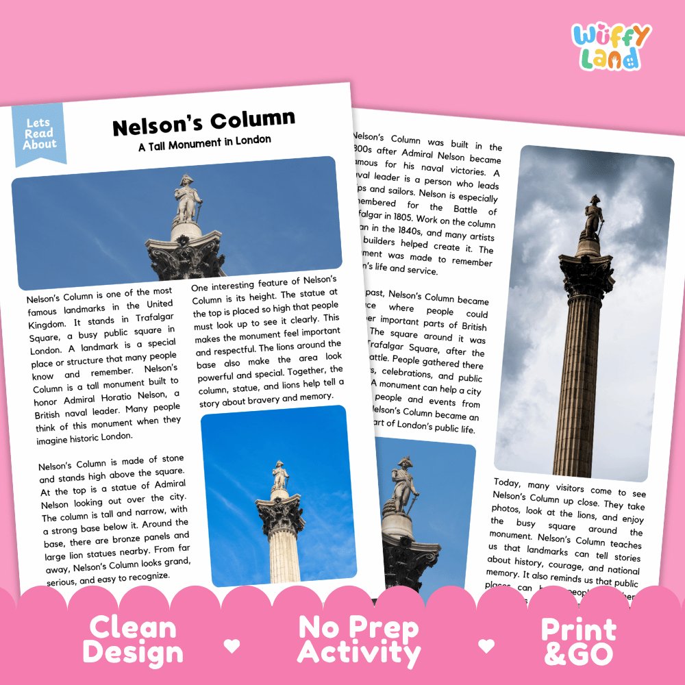 Nelson's Column Landmark Reading Passages and Comprehension Worksheets
