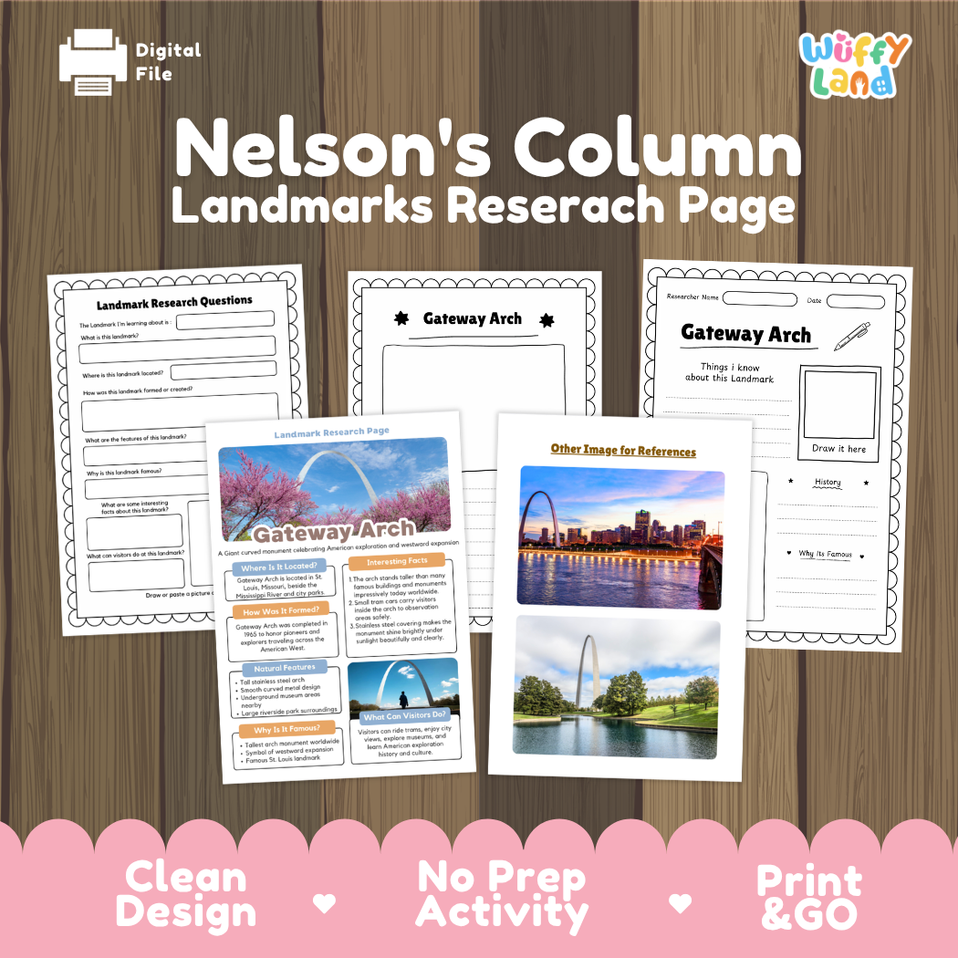 Nelson's Column Landmarks Research Page activity sheet set by Wiffy Land, shown as a digital download on a wood-grain background with a pink banner at the bottom.