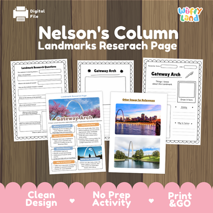 Nelson's Column Landmarks Research Page activity sheet set by Wiffy Land, shown as a digital download on a wood-grain background with a pink banner at the bottom.
