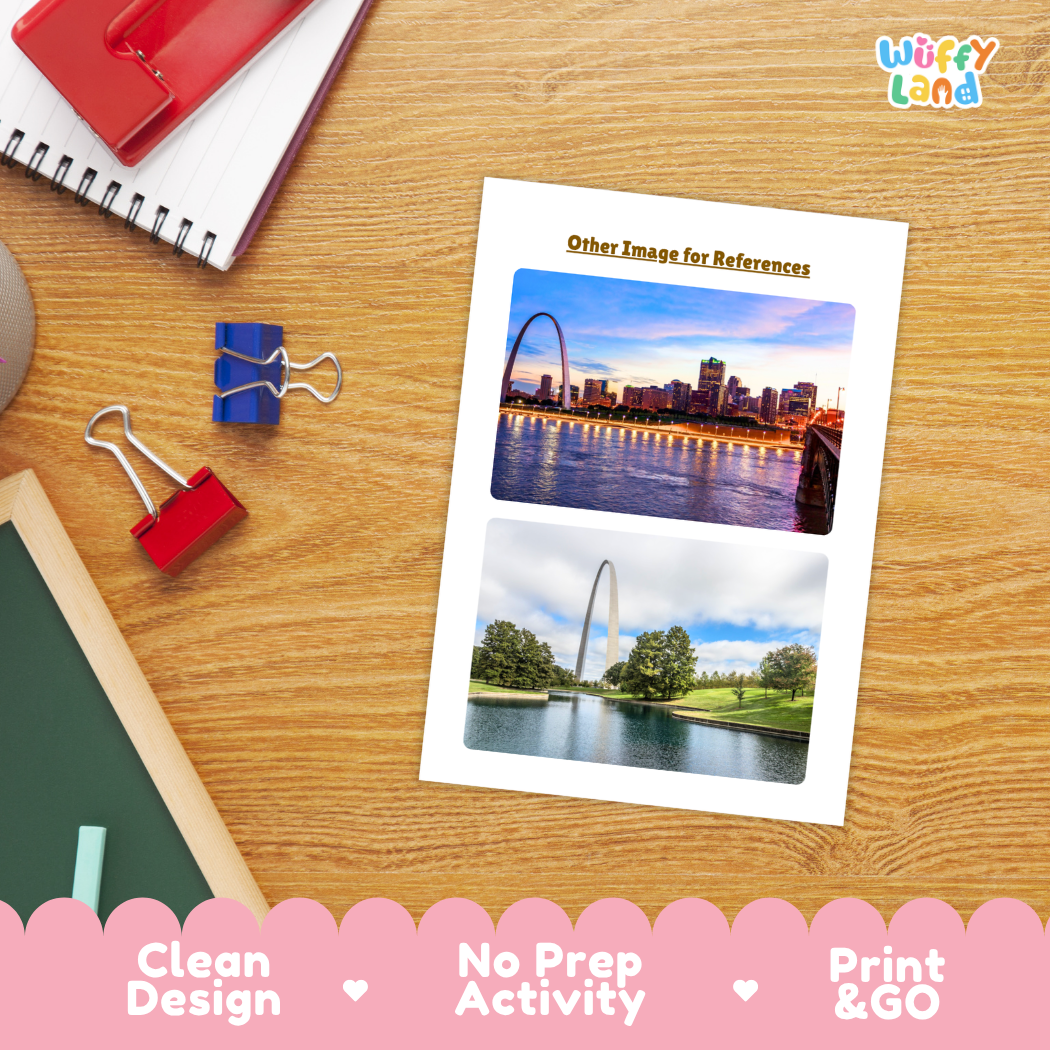 A printed reference card or worksheet page titled 'Other Image for References' lies on a wooden desk, showing two city skyline photos with the Gateway arch. Surrounding props include a spiral notebook, binder clips, a chalkboard corner, and a pink banner at the bottom reading 'Clean Design', 'No Prep Activity', and 'Print & GO'.