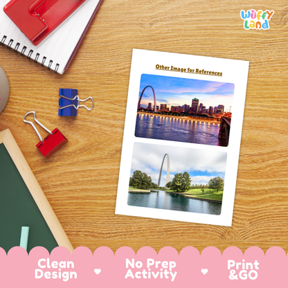 A printed reference card or worksheet page titled 'Other Image for References' lies on a wooden desk, showing two city skyline photos with the Gateway arch. Surrounding props include a spiral notebook, binder clips, a chalkboard corner, and a pink banner at the bottom reading 'Clean Design', 'No Prep Activity', and 'Print & GO'.