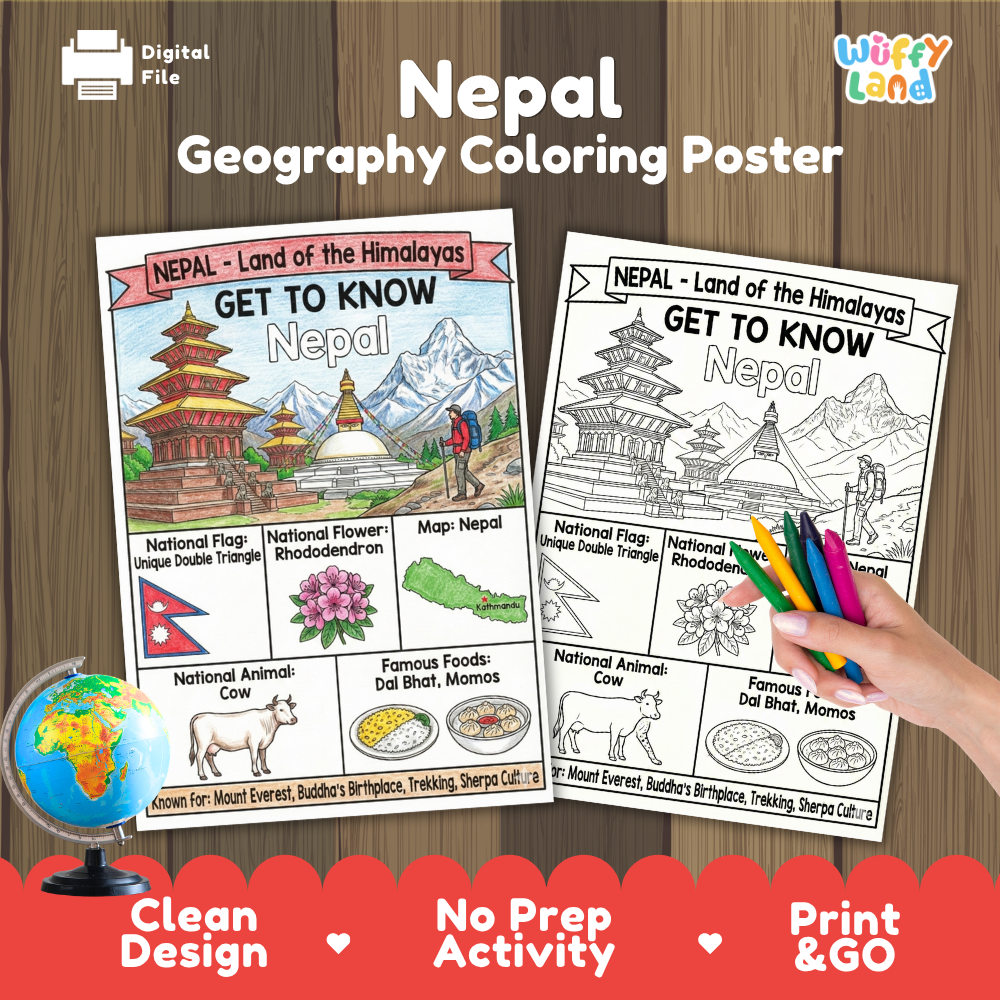 Get to know Nepal coloring poster paired with photo flashcards of Pashupatinath Temple, Kumari Festival, Shiva statue, and Dal Bhat