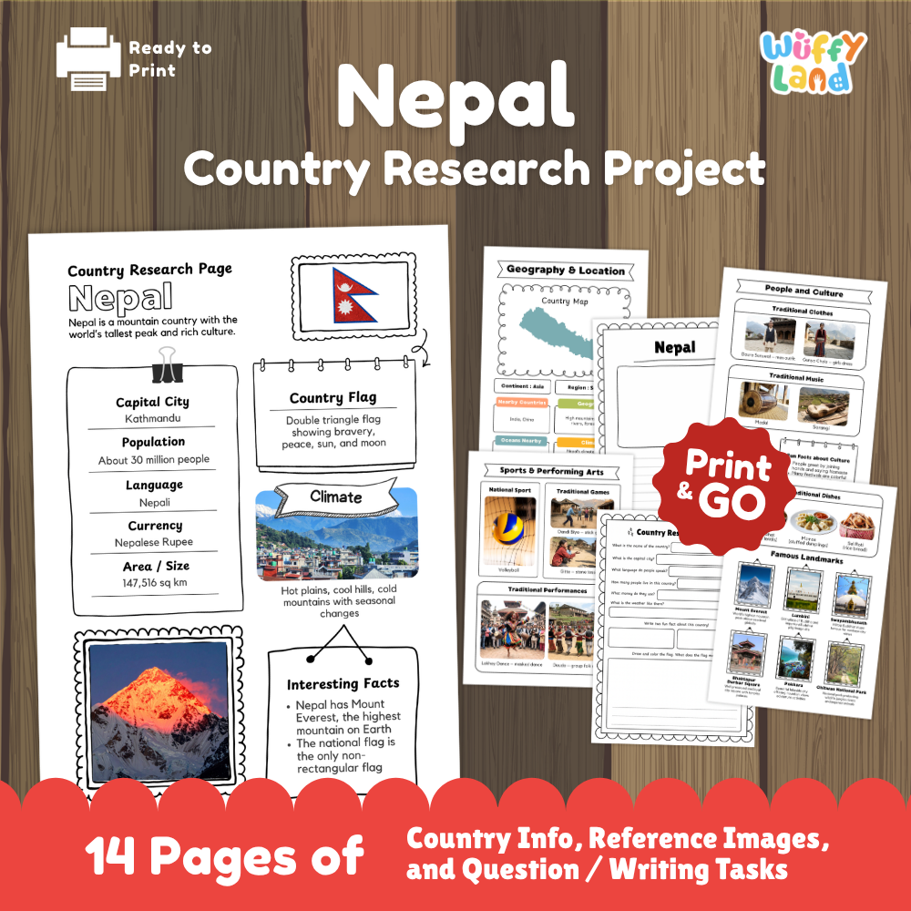 Student country research worksheet on Nepal featuring double triangle flag, Kathmandu capital facts, climate, and mountain geography map
