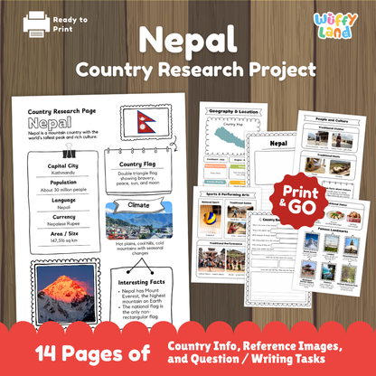 Student country research worksheet on Nepal featuring double triangle flag, Kathmandu capital facts, climate, and mountain geography map