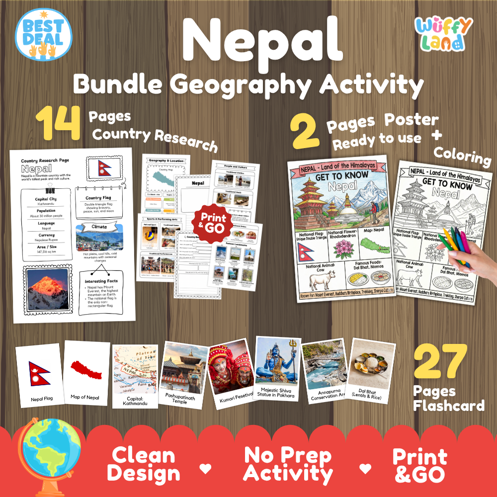Nepal geography activity bundle cover showing 14 country research pages, 2 ready to use coloring posters, and 27 photo flashcards