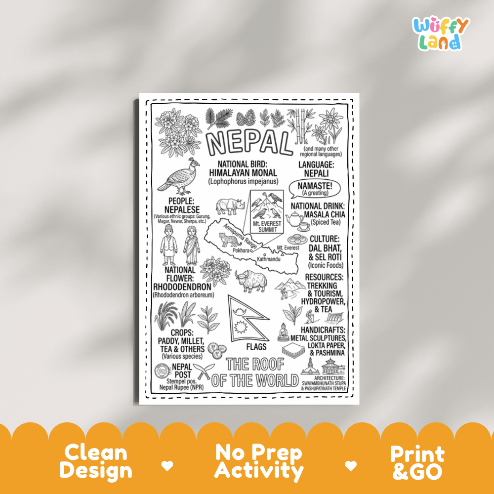 Educational activity coloring page highlighting Nepal Himalayan Monal Danphe bird, Rhododendron flower, and double pennant flag