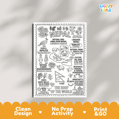 Educational activity coloring page highlighting Nepal Himalayan Monal Danphe bird, Rhododendron flower, and double pennant flag