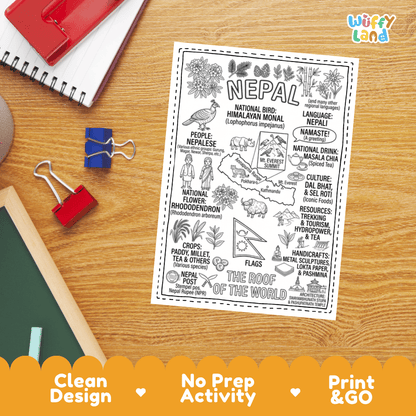 Doodle map coloring sheet showing Nepal, Mount Everest summit, Annapurna Range, Kathmandu, and traditional pagoda temple